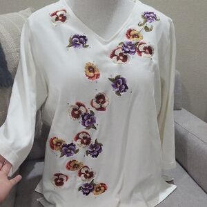 Quaker Factory 100 % Cotton Embroidered Off White Top Cottagecore Boho Floral XL